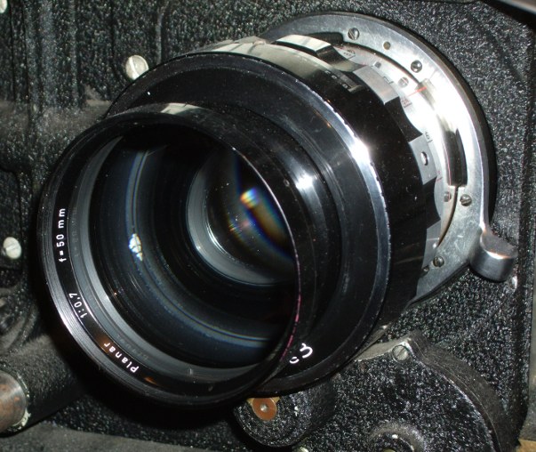 Zeiss f/0.7 lens mounted to Mitchell BNC (blimped noiseless camera)